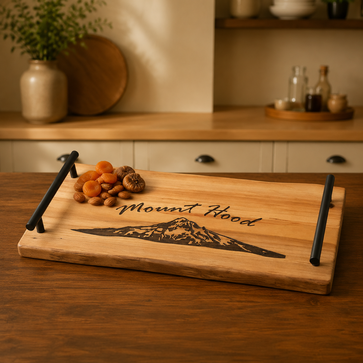 A rectangular wooden serving board with black metal side handles, engraved with a mountain design and the words 'Mount Hood,' shown on a wooden table in a softly blurred kitchen setting with dried apricots and a mushroom on top.