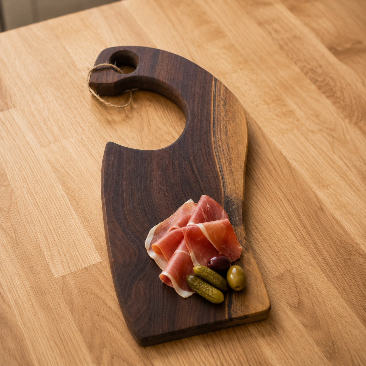 A dark wood serving board with a curved cutout and hanging hole, styled on a light wood tabletop with sliced prosciutto, pickles, and olives.