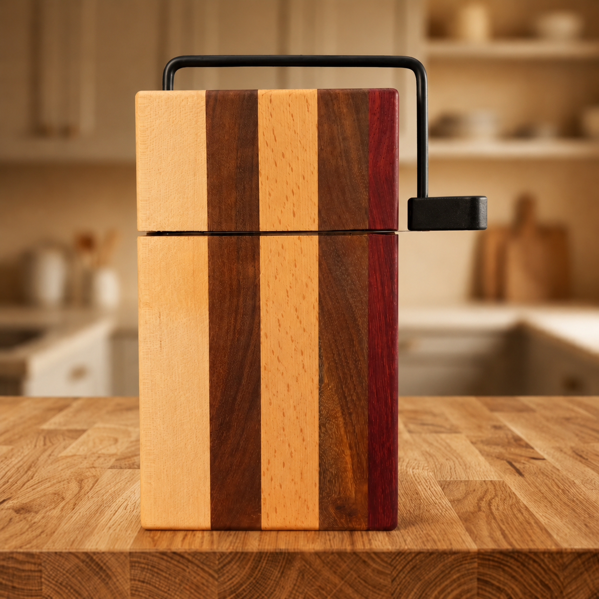 A wooden cheese slicer board with a black metal handle, featuring vertical stripes of maple, walnut, beech and padauk wood grain, displayed on a wooden countertop with a blurred kitchen background.