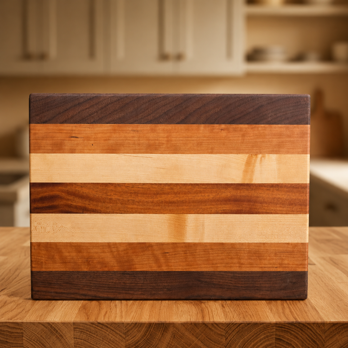 A rectangular wooden cutting board with horizontal stripes of walnut, cherry, sapele and maple wood, displayed on a matching wooden countertop with a blurred kitchen background.