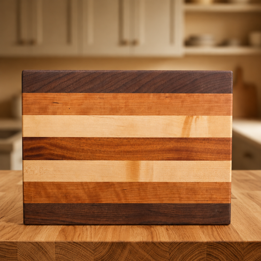 A rectangular wooden cutting board with horizontal stripes of walnut, cherry, sapele and maple wood, displayed on a matching wooden countertop with a blurred kitchen background.