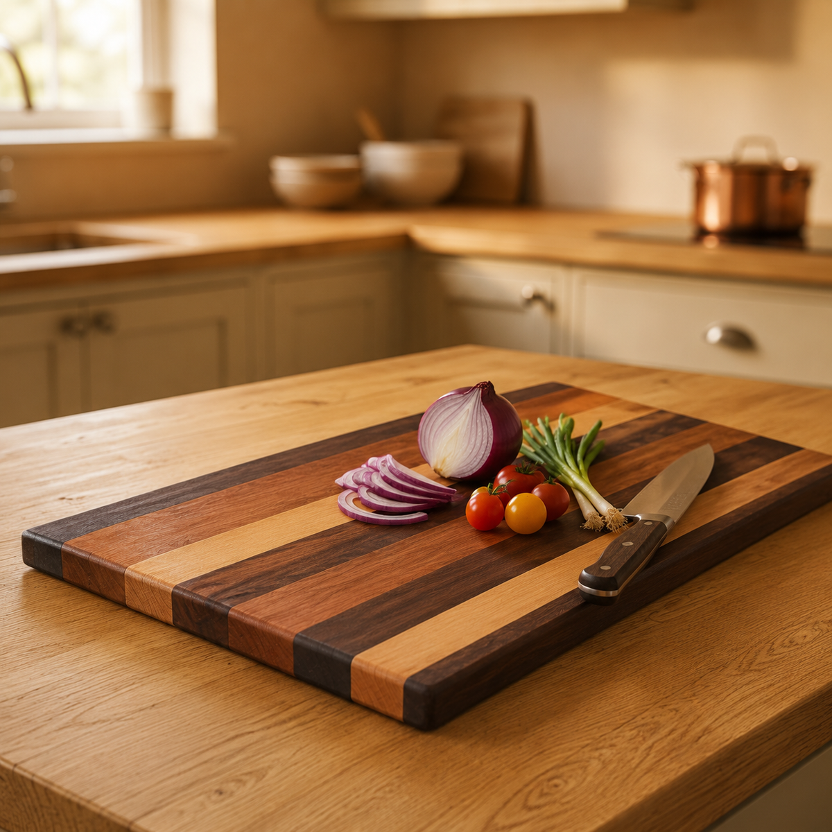 A rectangular striped wooden cutting board with alternating Maple, walnut and cherry wood, placed on a wooden kitchen island. On the board are sliced red onion, cherry tomatoes, scallions, and a chef's knife, with a softly blurred kitchen background.