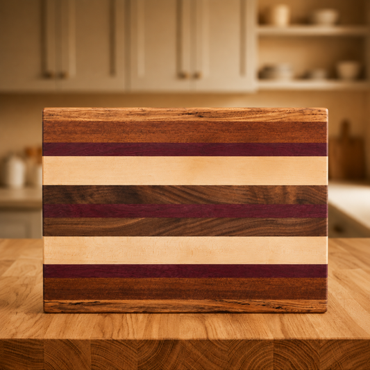 A rectangular wooden cutting board with a striped inlay pattern of dark brown, light beige, and deep burgundy wood, standing on a wooden countertop in a blurred kitchen setting.