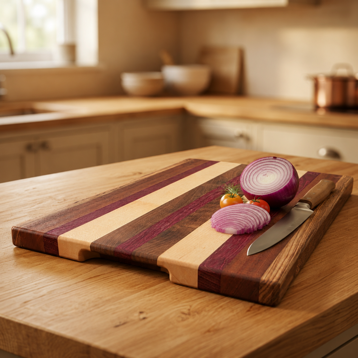 A rectangular wooden cutting board with alternating light and dark striped wood bands sits on a wooden kitchen island. Sliced red onion, a halved red onion, cherry tomatoes, and a chef's knife rest on the board, with a softly blurred kitchen background.