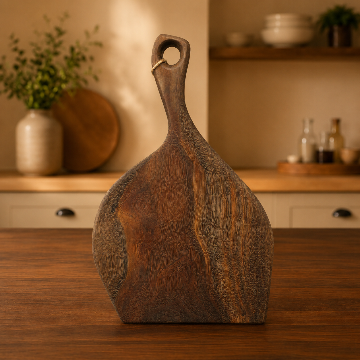 A rustic walnut charcuterie board with a loop handle, standing on a wooden table in a softly blurred kitchen setting.