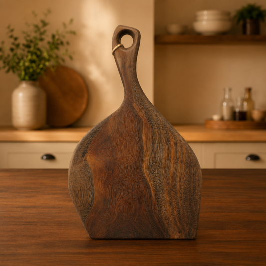 A rustic walnut charcuterie board with a loop handle, standing on a wooden table in a softly blurred kitchen setting.