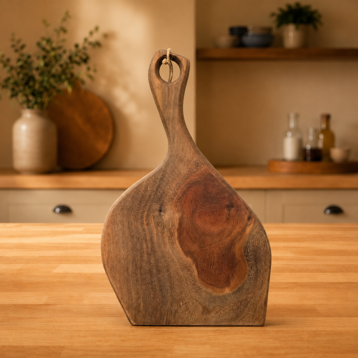 A rustic walnut charcuterie board with a handle and a natural wood grain pattern, standing on a wooden countertop in a warm, softly lit kitchen setting.