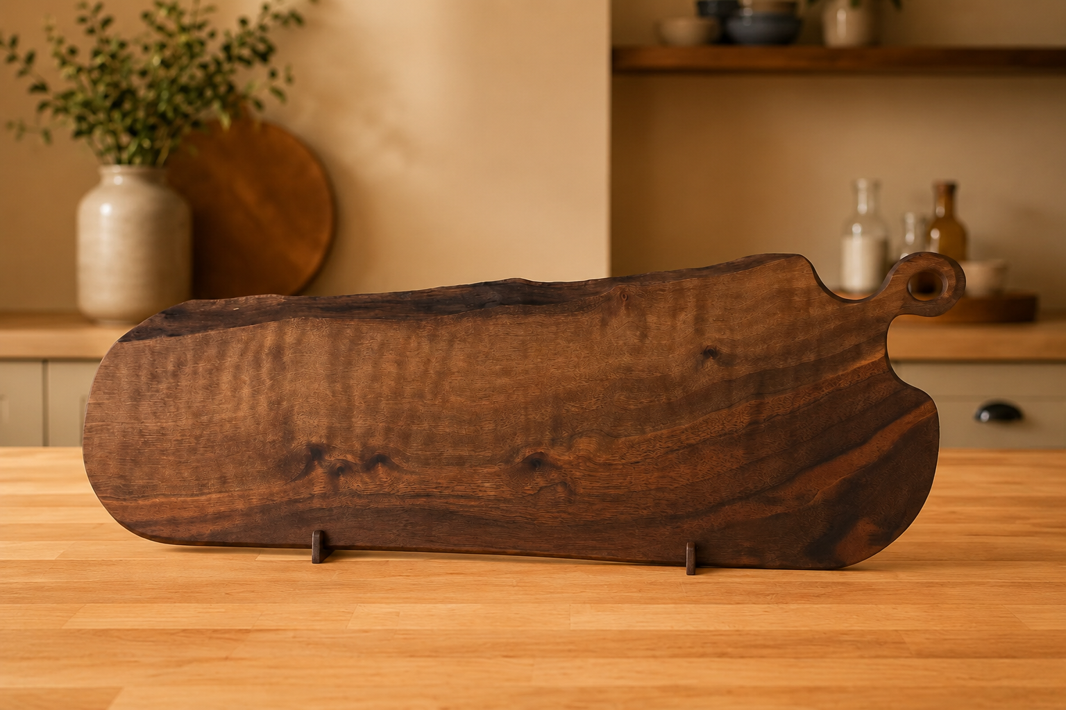 A large live-edge walnut charcuterie board with a dark brown natural grain and a small loop handle, displayed on a wooden countertop in a warm, softly blurred kitchen setting.