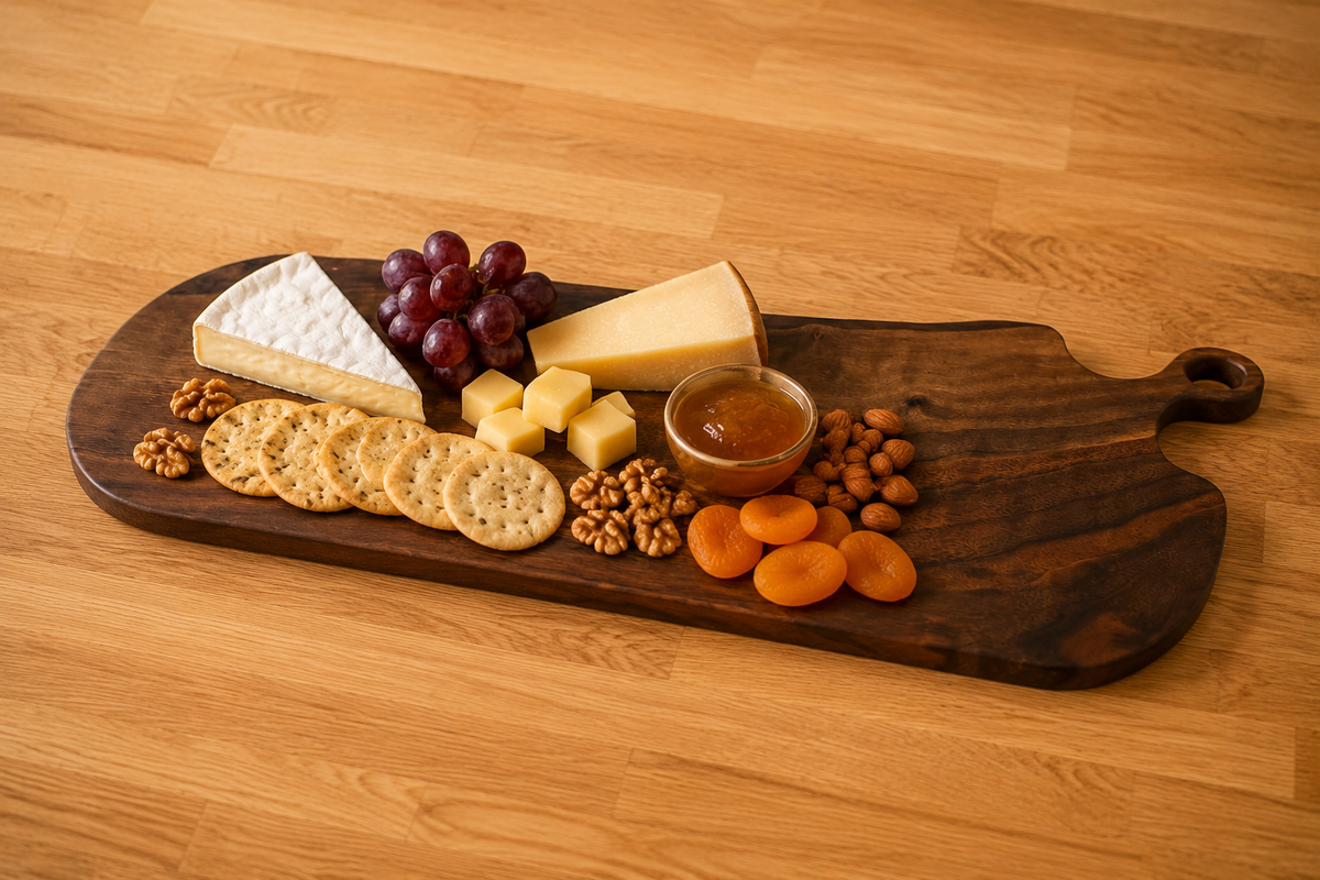 A live edge walnut serving board arranged with cheese wedges, crackers, grapes, walnuts, apricots, and a small bowl of dip on a light wood tabletop.