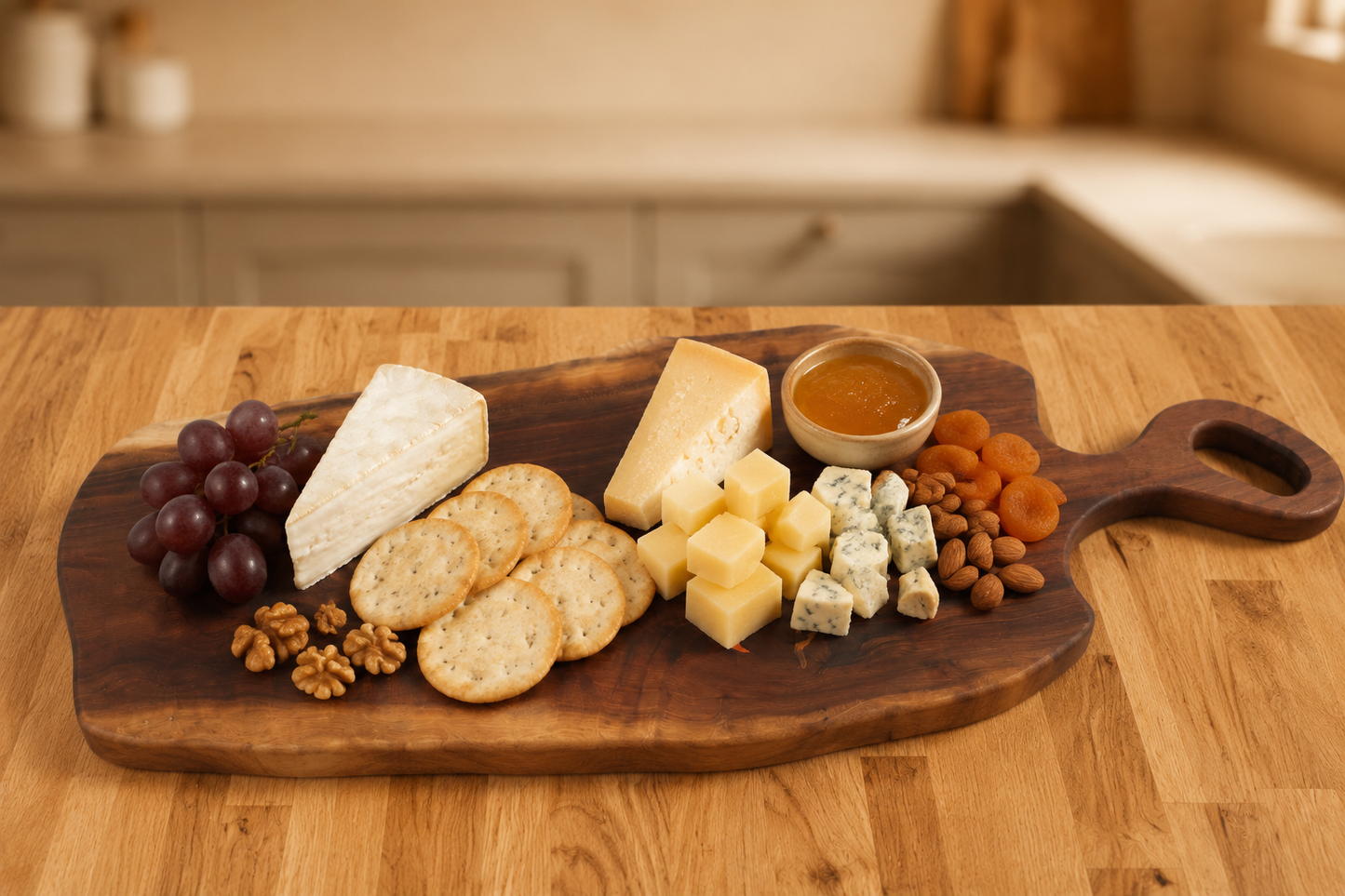 A live edge walnut charcuterie board with a handle, styled with various cheeses, crackers, grapes, nuts, and dried apricots, set on a wooden table with a blurred kitchen background.