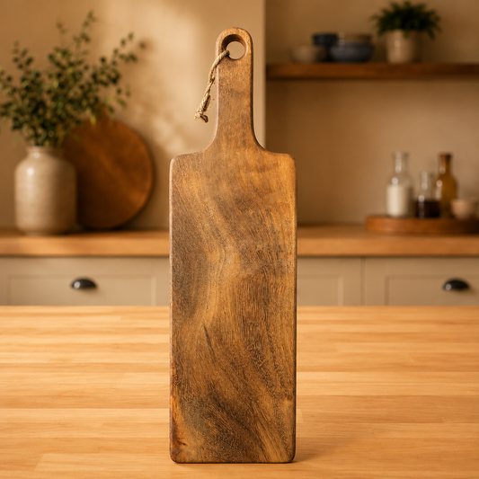 A rectangular wooden cheese board with a rounded handle and a hanging loop, standing upright on a light wood countertop in a softly blurred kitchen setting.