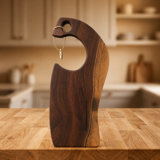 A dark brown wooden charcuterie board with a circular cutout and a small hanging loop on a wooden kitchen countertop with a blurred kitchen background.