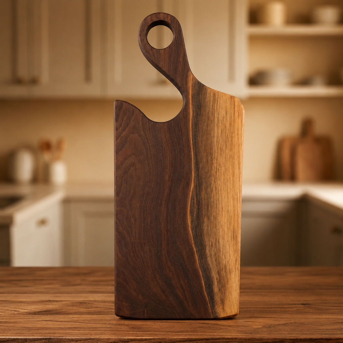 A dark brown wooden charcuterie board with a loop handle, standing upright on a wooden kitchen counter with a blurred kitchen background.