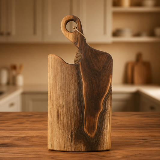 A rustic wooden charcuterie board with a loop handle, standing upright on a wooden countertop in a softly blurred kitchen setting.