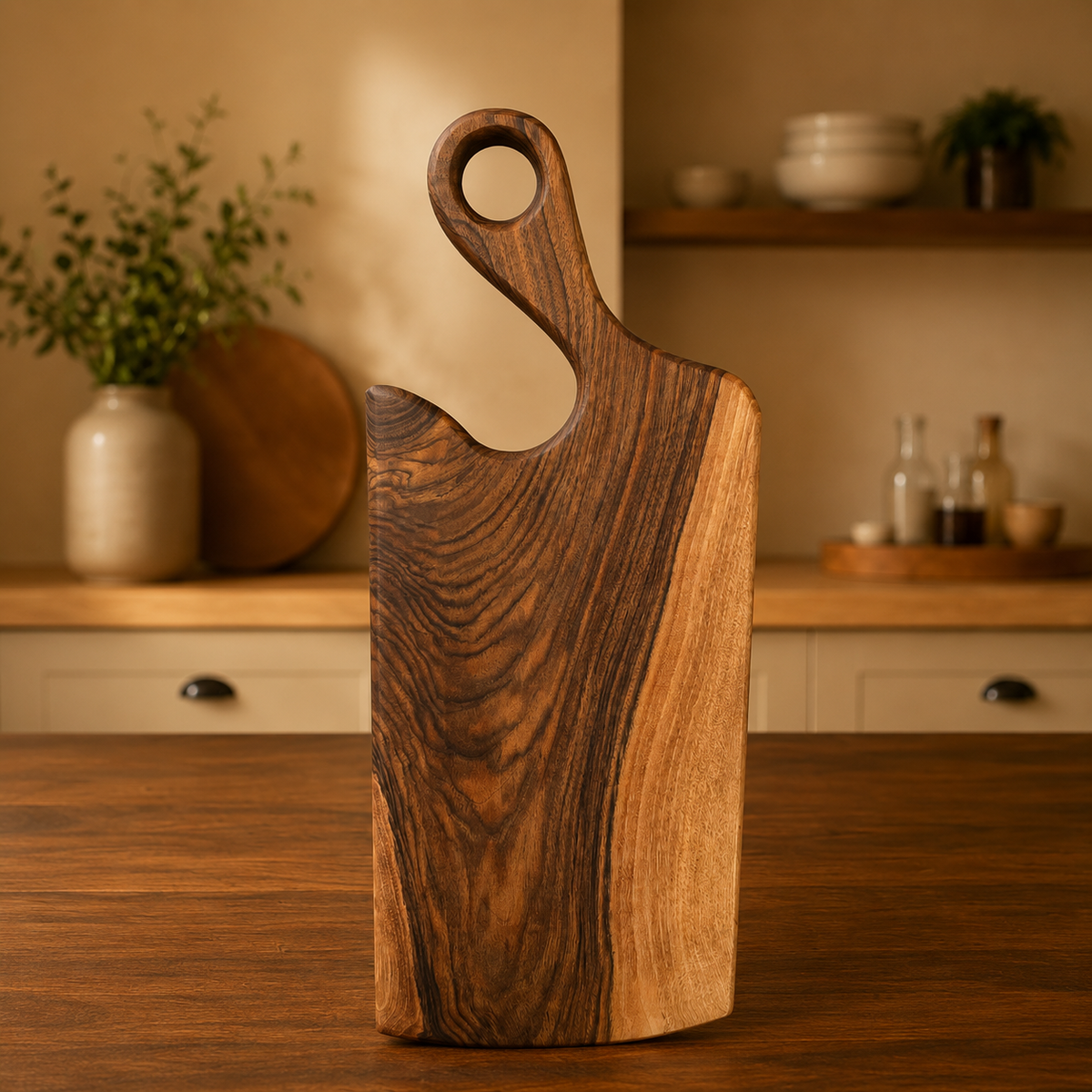 A rustic wooden charcuterie board with a handle loop, standing upright on a wooden table in a warm, softly blurred kitchen setting.