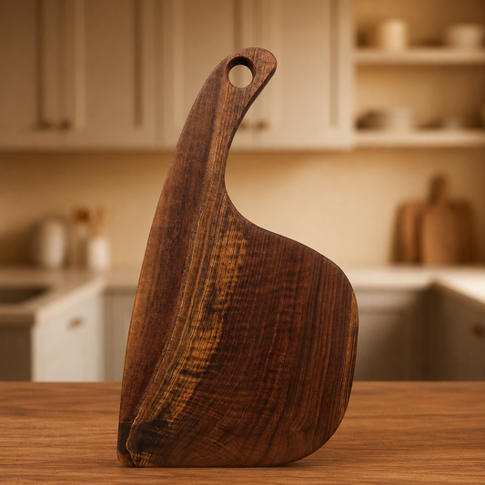A dark brown walnut charcuterie board with a curved handle and a hanging hole, standing upright on a wooden countertop in a warm, softly blurred kitchen setting.