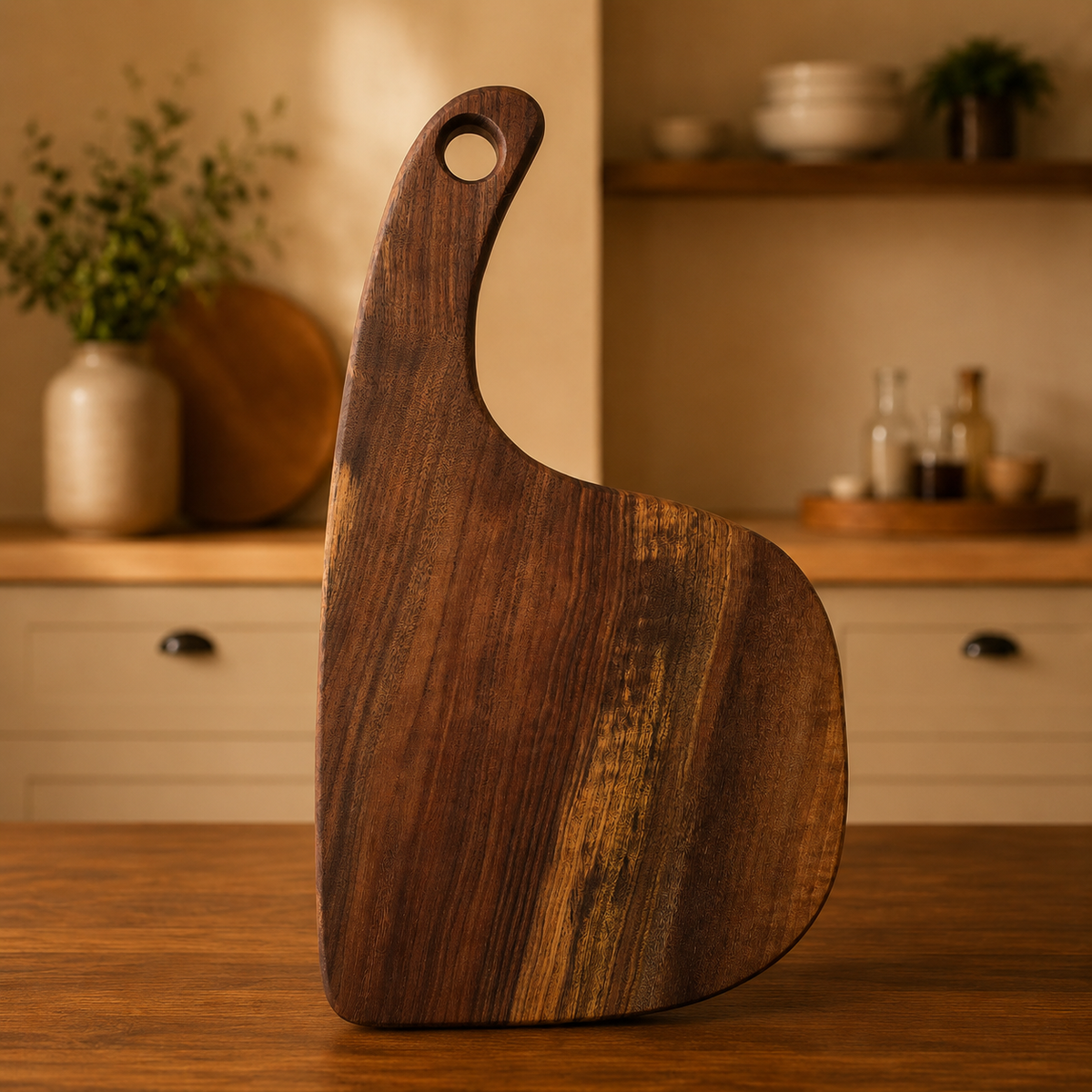 A dark brown walnut charcuterie board with a unique curved handle and a circular hole at the top, standing upright on a wooden table in a warm, softly lit kitchen setting.