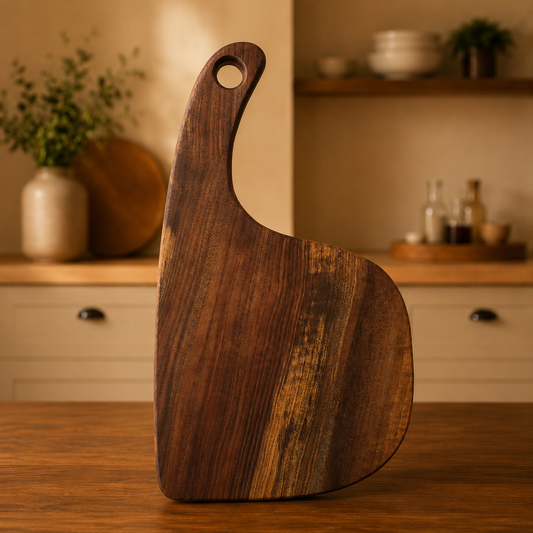 A dark brown walnut charcuterie board with a unique curved handle and a circular hole at the top, standing upright on a wooden table in a warm, softly lit kitchen setting.