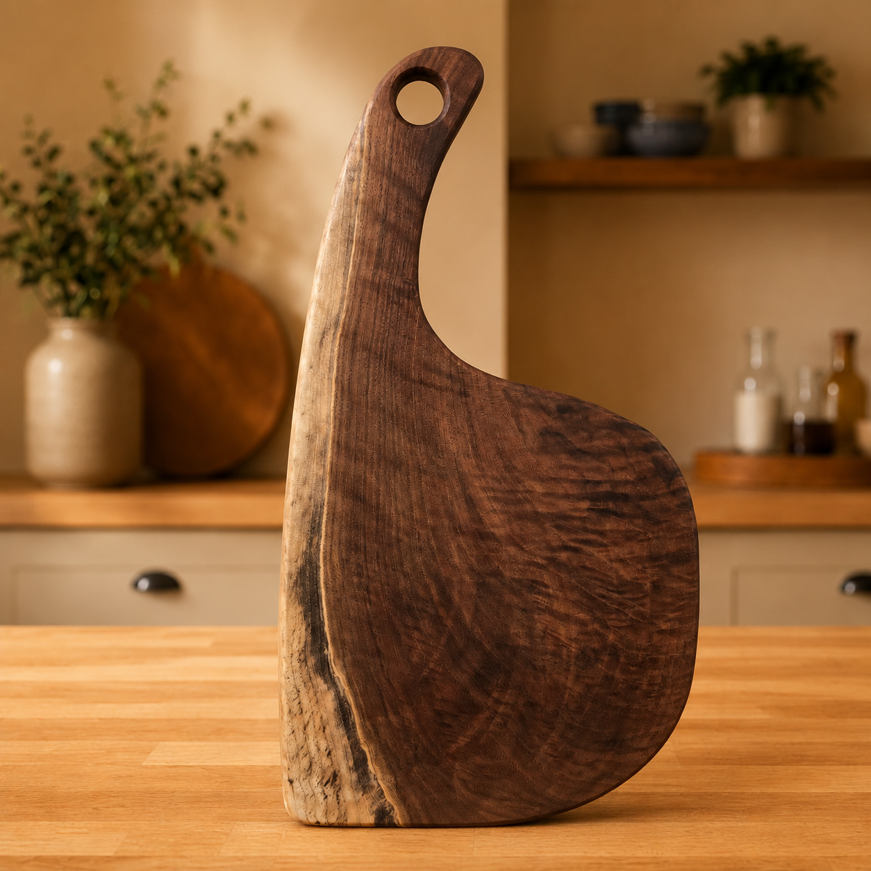 A rustic dark brown walnut charcuterie board with a loop handle, standing upright on a wooden table in a warm, softly blurred kitchen setting.