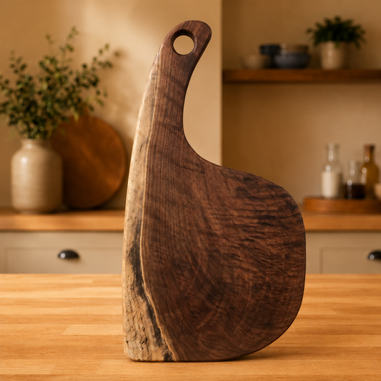 A rustic dark brown walnut charcuterie board with a loop handle, standing upright on a wooden table in a warm, softly blurred kitchen setting.