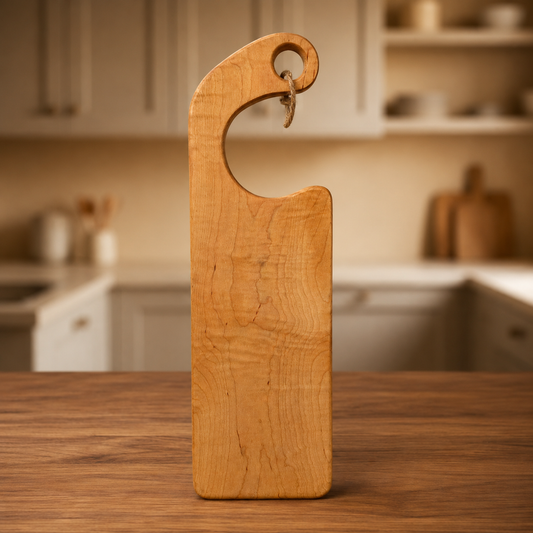 A wooden charcuterie board with a natural maple wood grain finish standing upright on a wooden countertop with a blurred kitchen background.