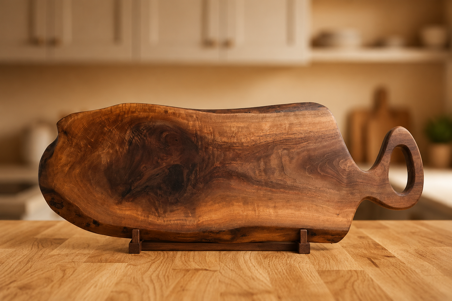 A rustic live-edge wooden serving board with a loop handle, displayed on a wooden countertop in a warm, softly blurred kitchen setting.
