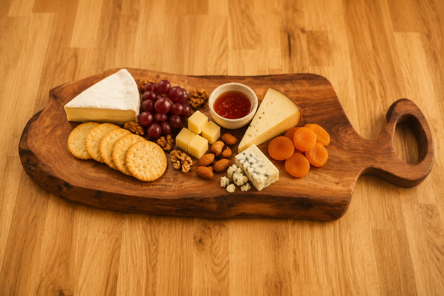 A rustic wooden charcuterie board with a handle, filled with assorted cheeses, crackers, grapes, nuts, and dried apricots, set on a light wood tabletop.
