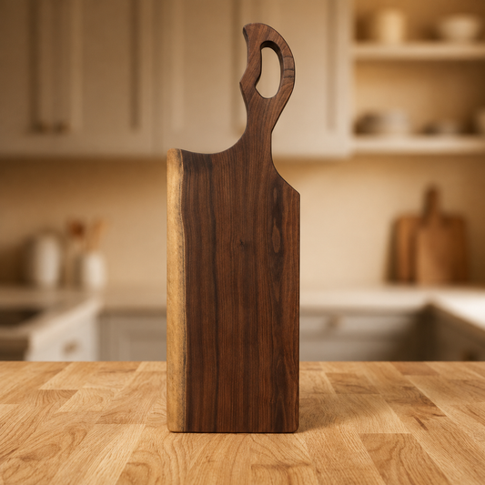 A dark brown wooden charcuterie board with a loop handle, standing upright on a light wood countertop with a blurred kitchen background.